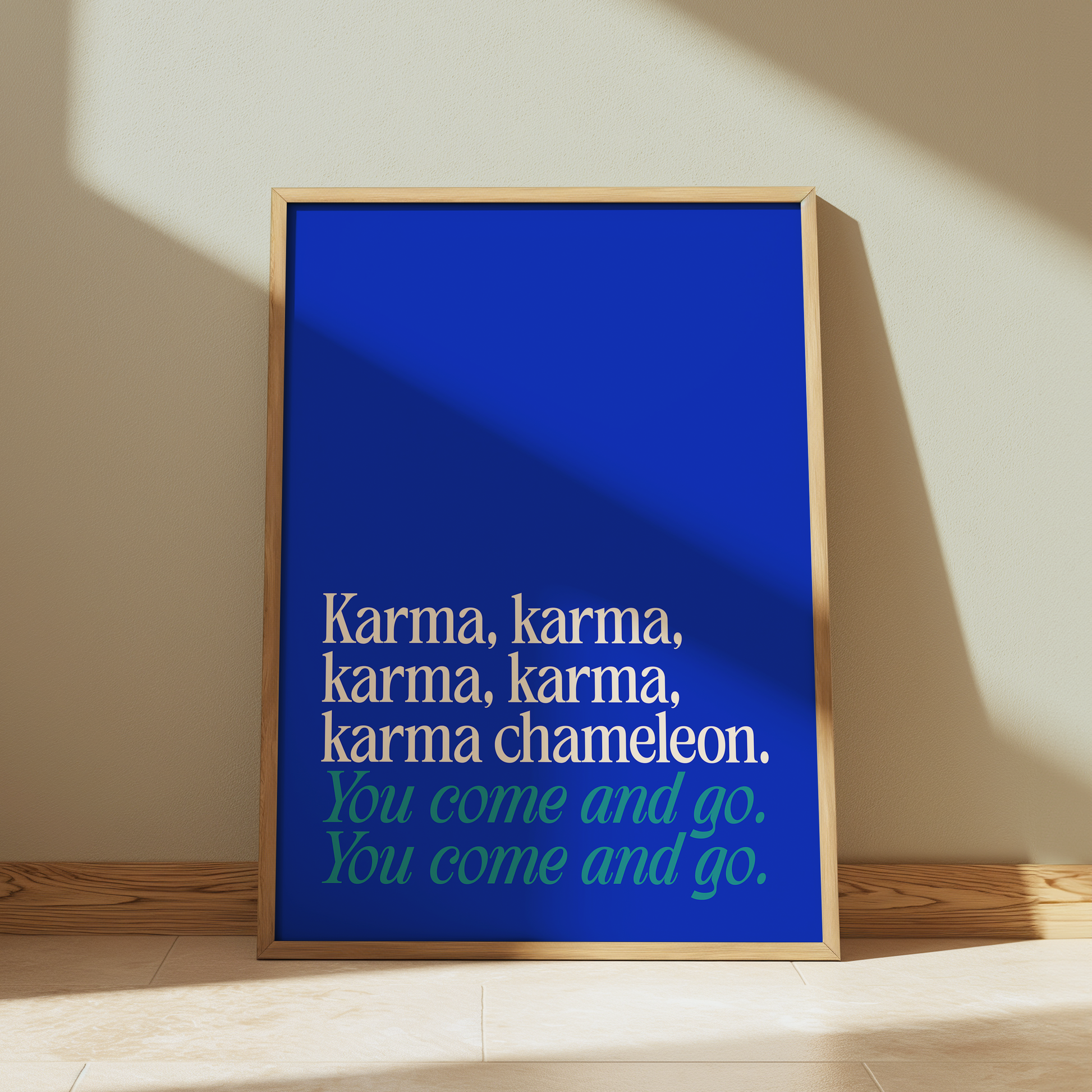 Culture Club Karma, Karma, Karma, Karma, Karma Chameleon typography print in royal blue - music lyric wall art poster