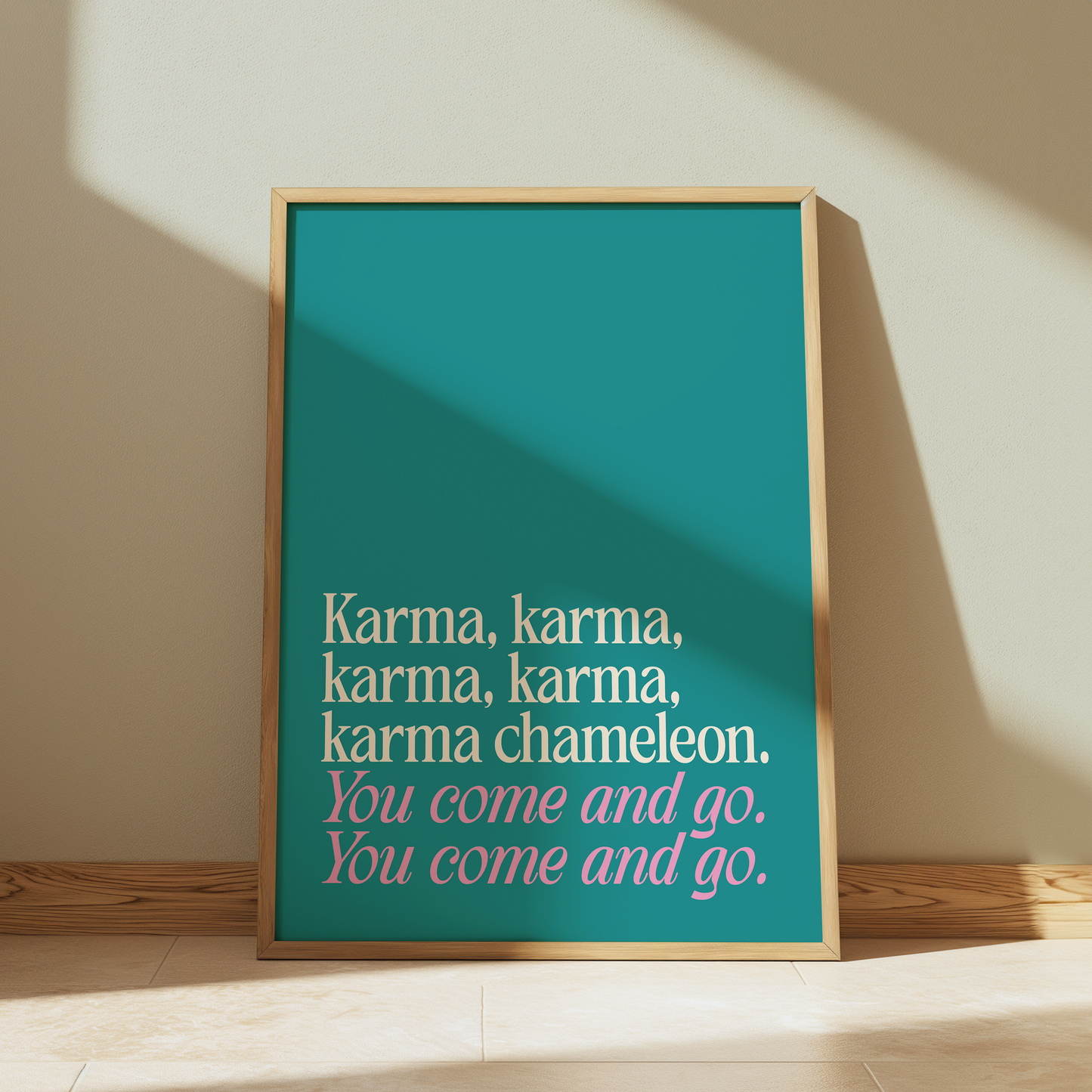 Culture Club Karma, Karma, Karma, Karma, Karma Chameleon typography print in teal - music lyric wall art poster