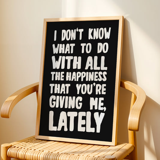 Gerry Cinnamon I don't know what to do with all the happiness print in wooden frame on chair - music typography wall art