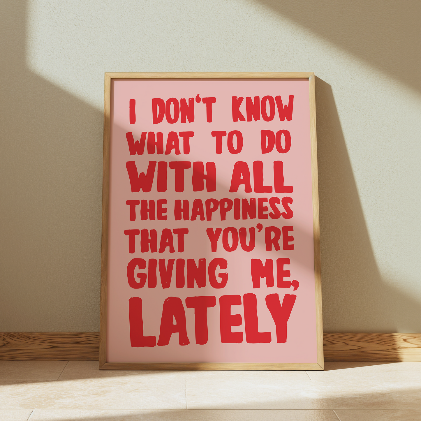 Gerry Cinnamon happiness quote typography print in pink - music lyric wall art poster