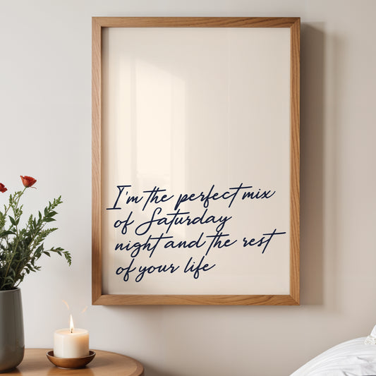 Olivia Dean I'm The Perfect Mix print displayed in wooden frame on wall - music typography art