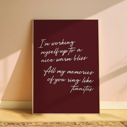 Olivia Dean I'm Working Myself Up typography print in Burgundy - music lyric wall art poster