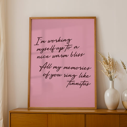 Olivia Dean I'm Working Myself Up print displayed in wooden frame on wall - music typography art