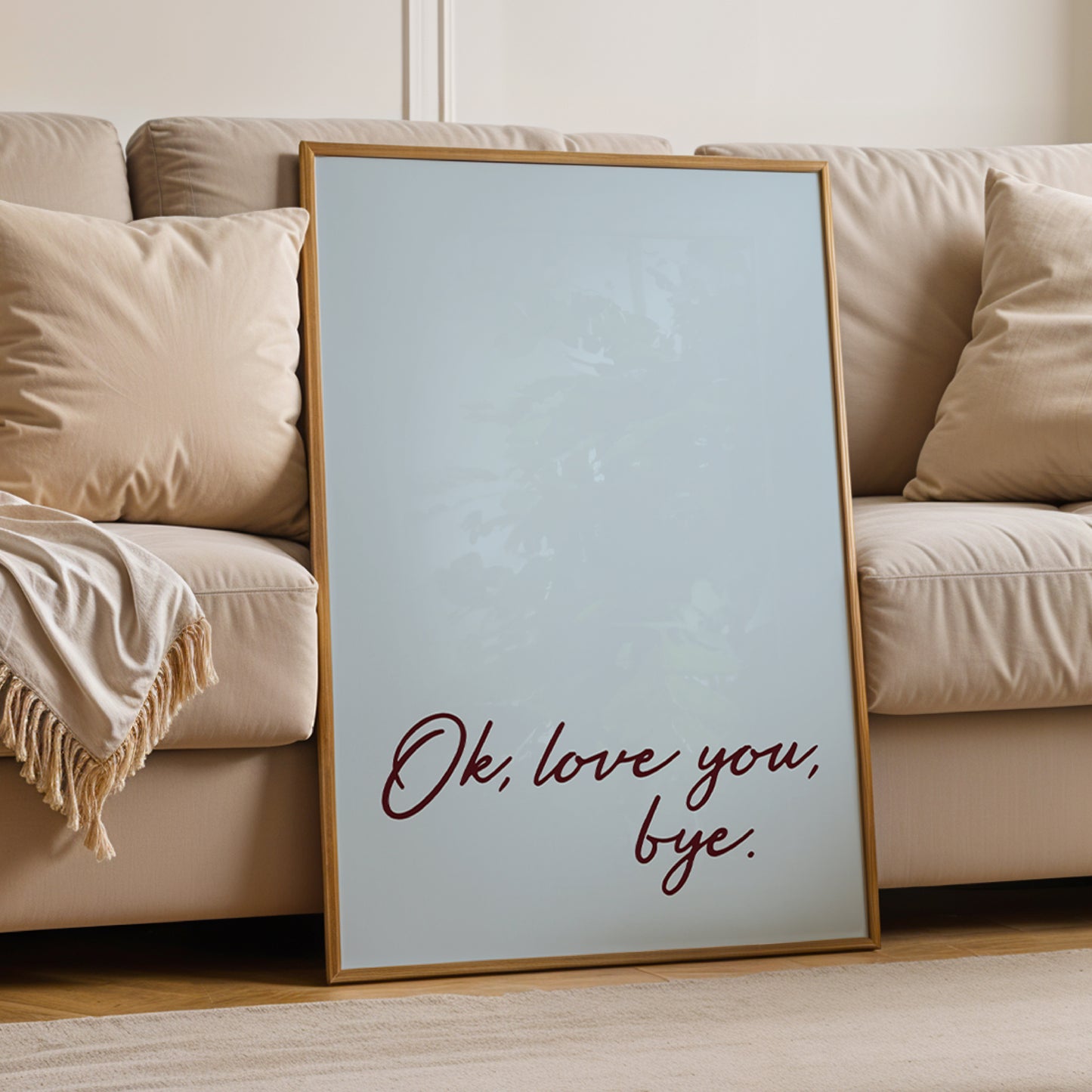 Olivia Dean Ok, Love You, Bye print displayed in wooden frame on wall - music typography art