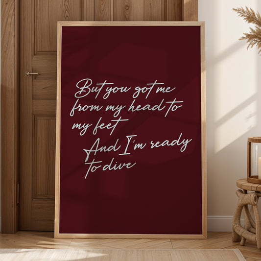 Olivia Dean Ready To Dive print displayed in wooden frame on wall - music typography art