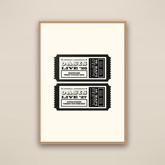 Personalised Oasis ticket print, Heaton Park Live '25 and Etihad Stadium Live '27, framed vintage gig ticket poster