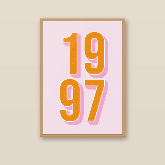 Personalised year print 1997 displayed in wooden frame on wall - retro birth year typography poster