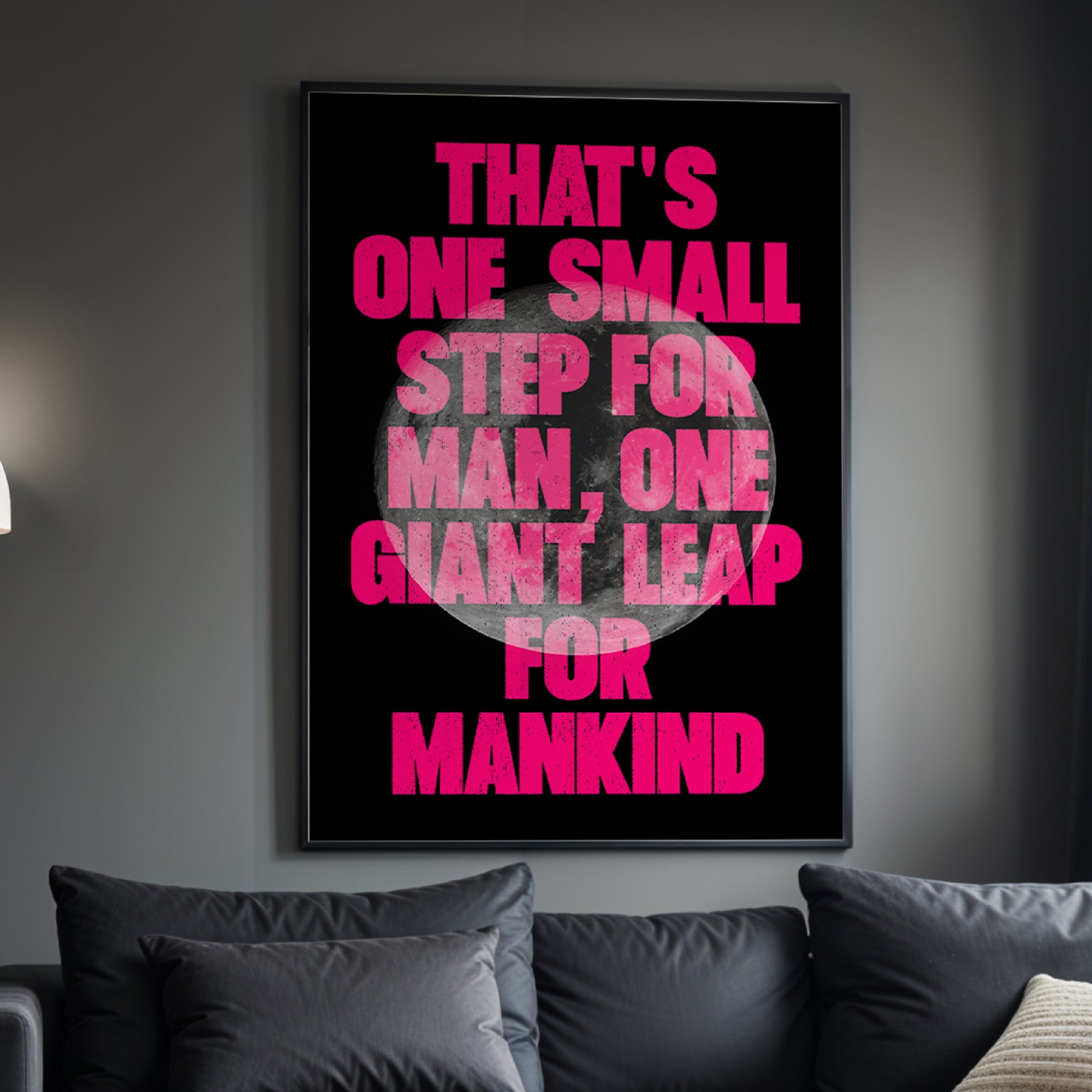 That's One Small Step For Man print displayed in frame - space typography wall art